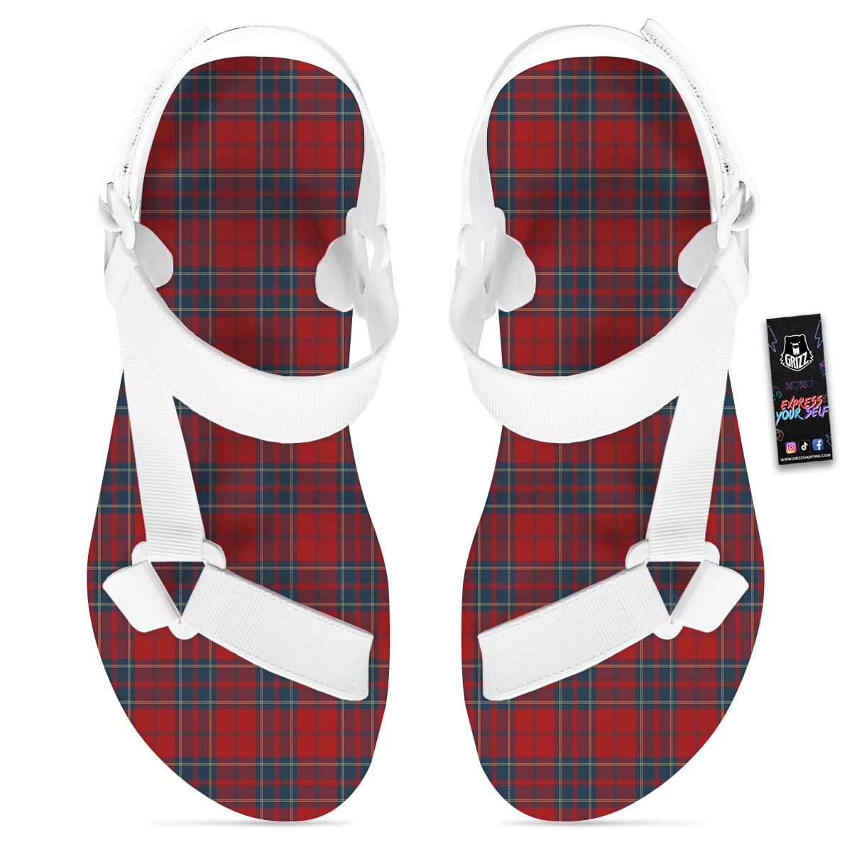 Tartan Scottish Red Print Pattern White Open Toe Sandals-grizzshop