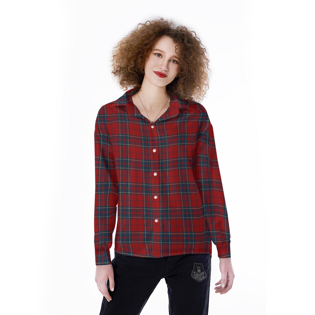 Tartan Scottish Red Print Pattern Women's Long Sleeve Shirts-grizzshop