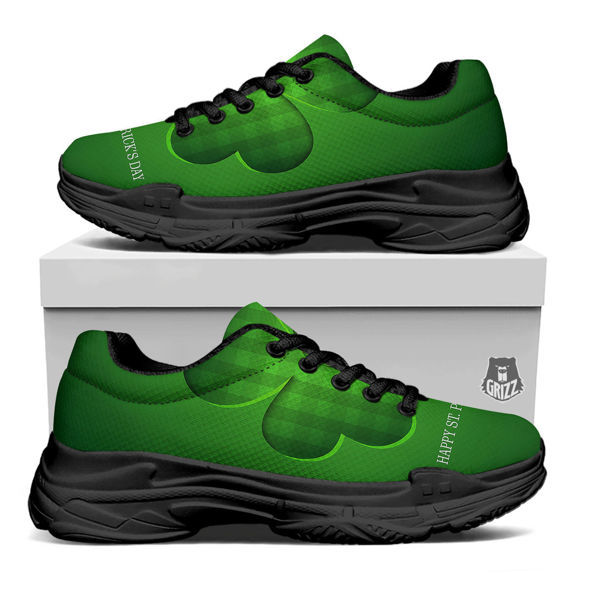 Tartan Shamrock Green Print Black Chunky Shoes-grizzshop