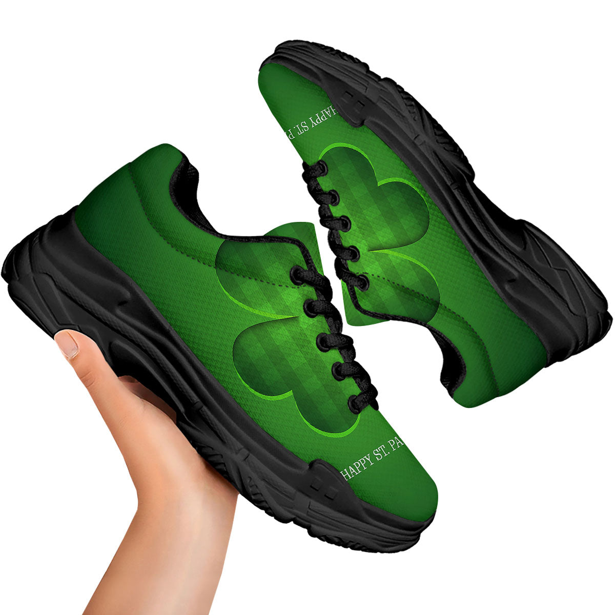 Tartan Shamrock Green Print Black Chunky Shoes-grizzshop