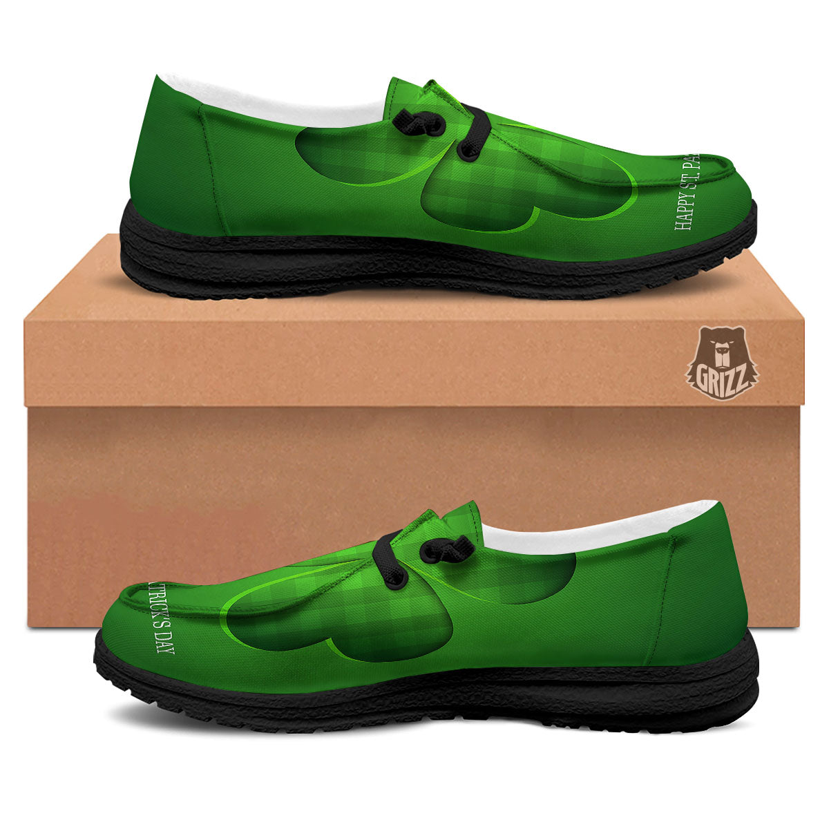 Tartan Shamrock Green Print Black Loafers-grizzshop