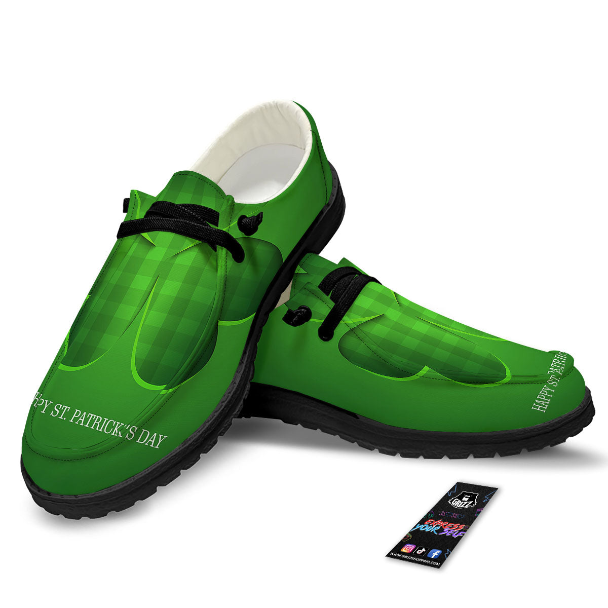 Tartan Shamrock Green Print Black Loafers-grizzshop
