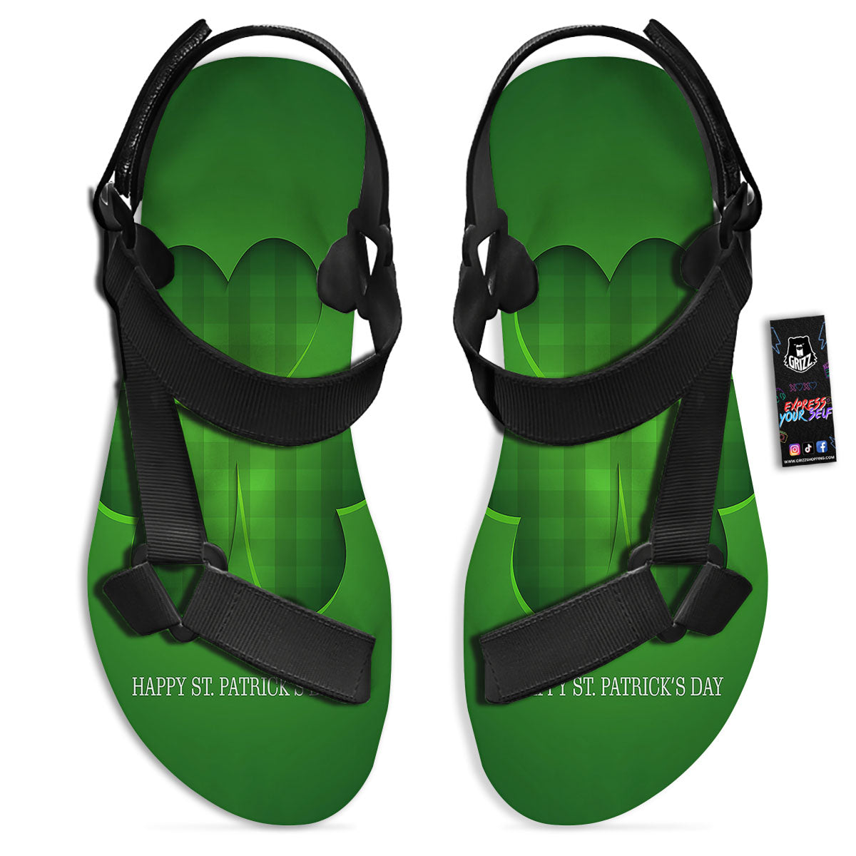 Tartan Shamrock Green Print Black Open Toe Sandals-grizzshop