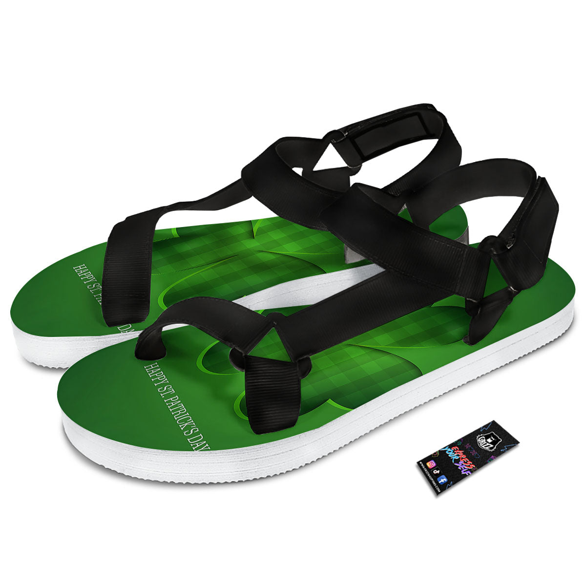 Tartan Shamrock Green Print Black Open Toe Sandals-grizzshop