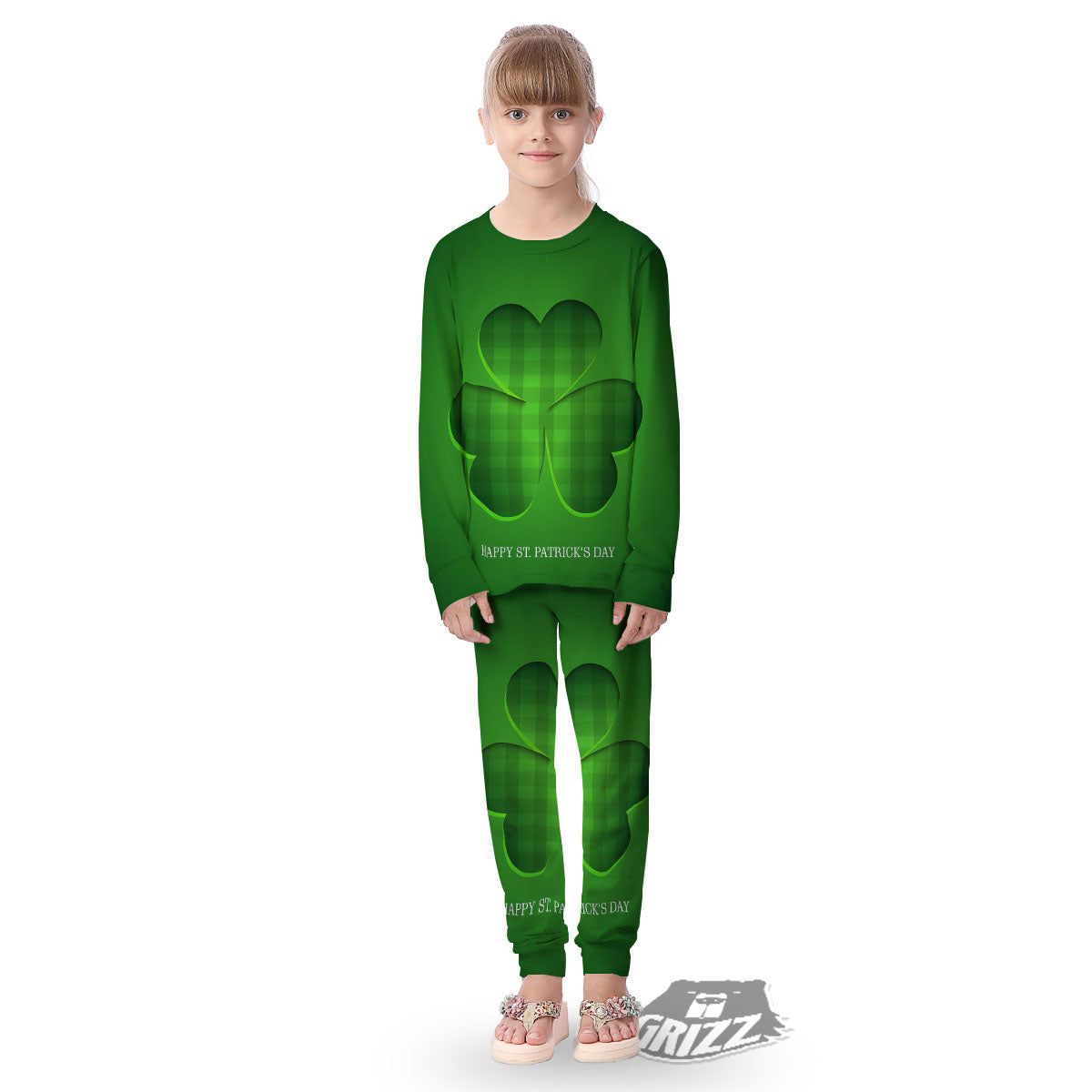 Tartan Shamrock Green Print Kid's Pajamas-grizzshop