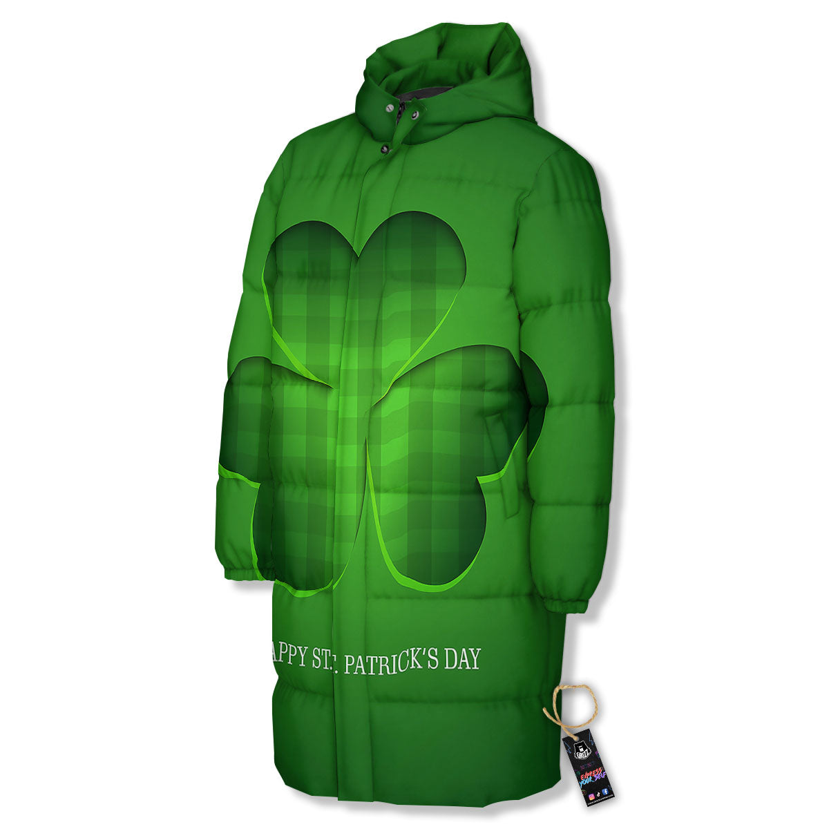 Tartan Shamrock Green Print Long Down Jacket-grizzshop
