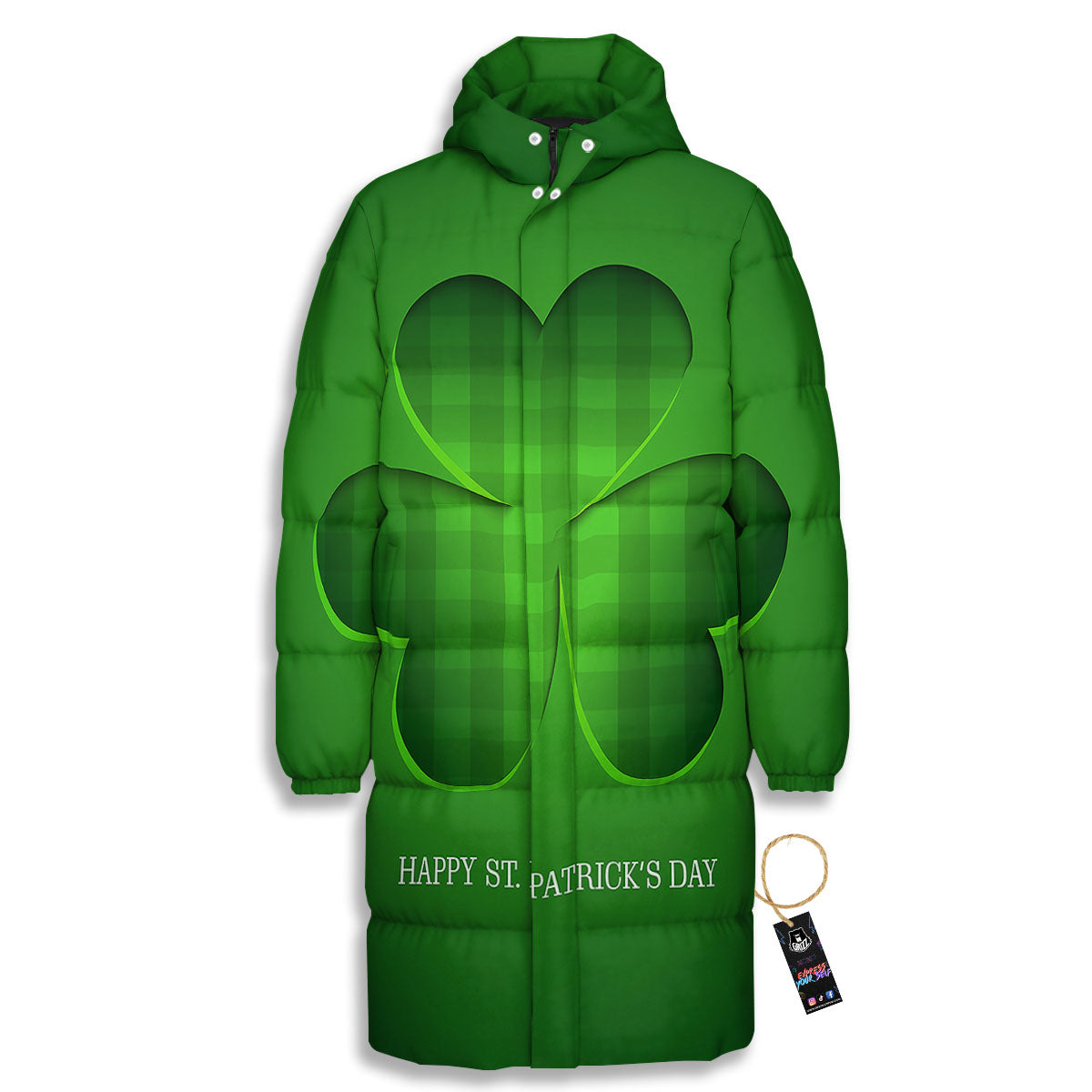 Tartan Shamrock Green Print Long Down Jacket-grizzshop