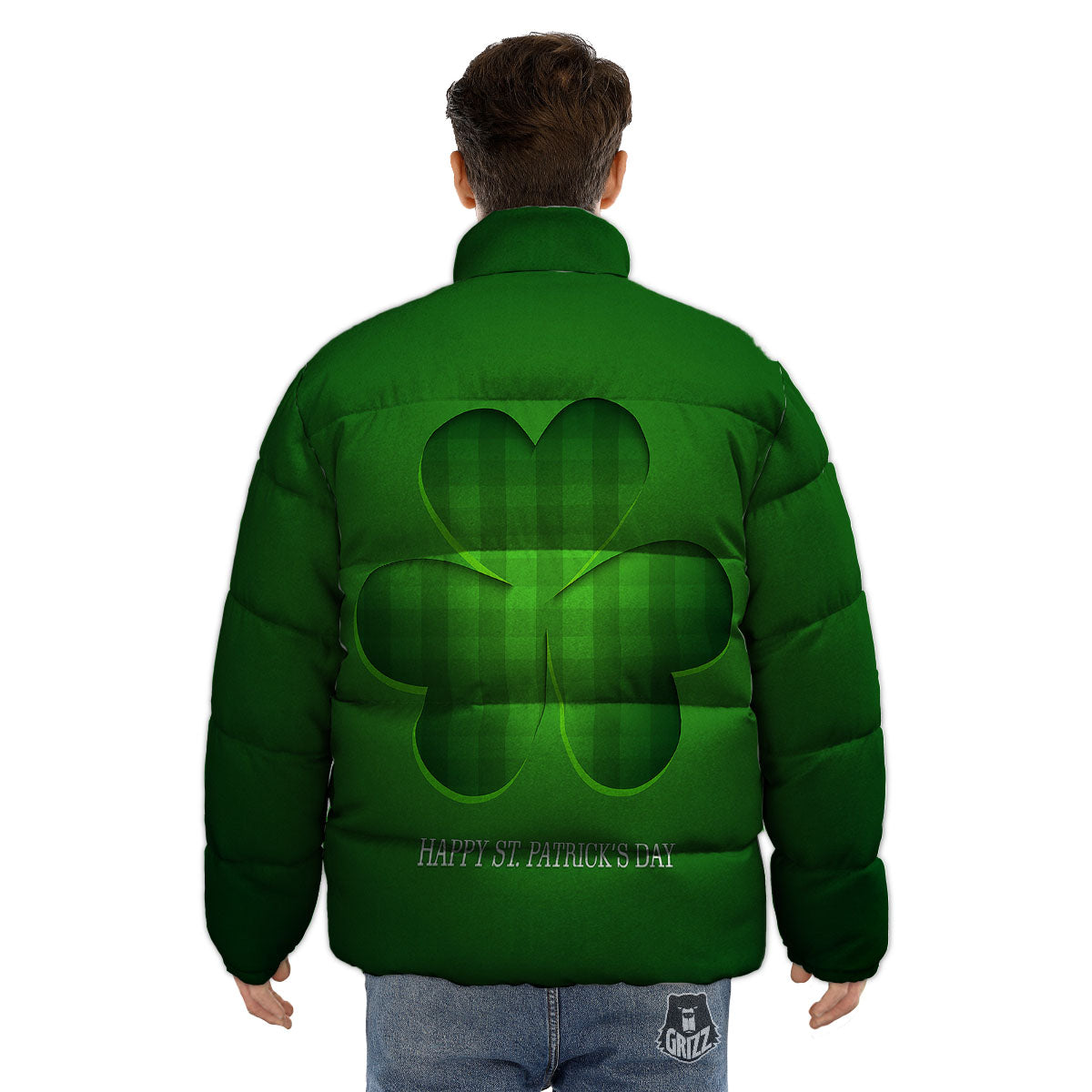 Tartan Shamrock Green Print Puffer Jacket-grizzshop