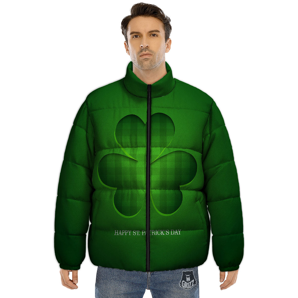 Tartan Shamrock Green Print Puffer Jacket-grizzshop