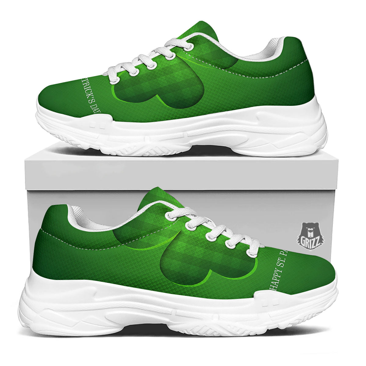 Tartan Shamrock Green Print White Chunky Shoes-grizzshop
