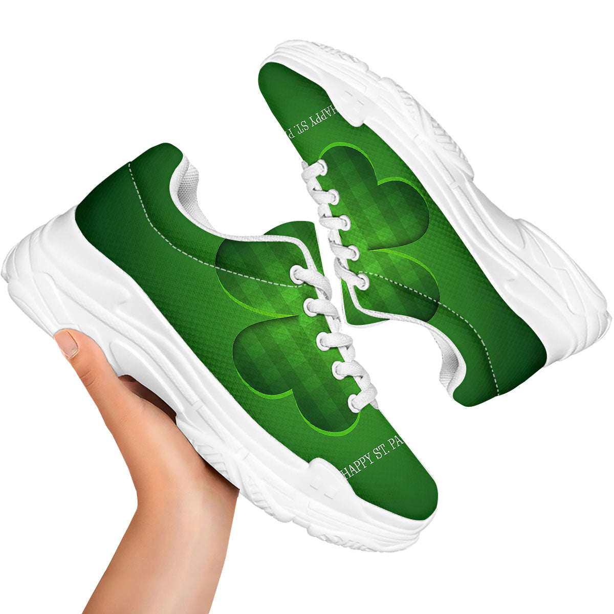 Tartan Shamrock Green Print White Chunky Shoes-grizzshop