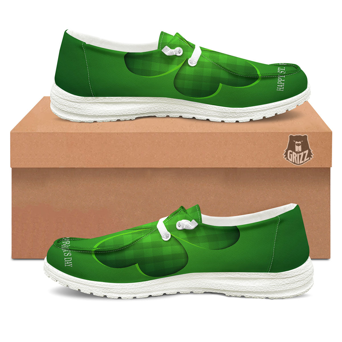 Tartan Shamrock Green Print White Loafers-grizzshop