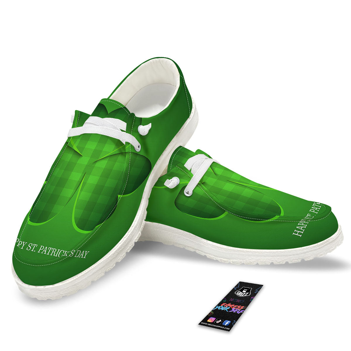 Tartan Shamrock Green Print White Loafers-grizzshop
