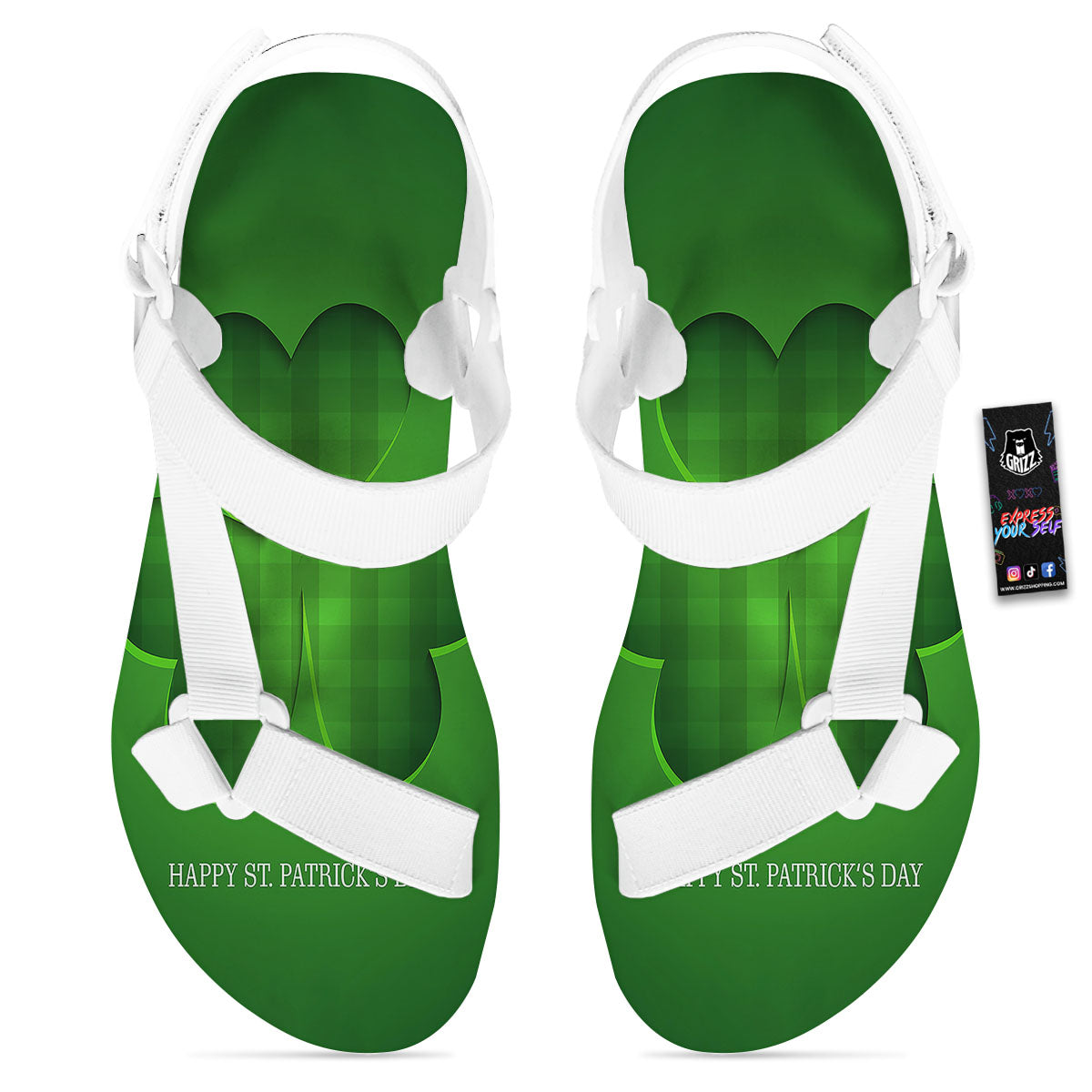 Tartan Shamrock Green Print White Open Toe Sandals-grizzshop
