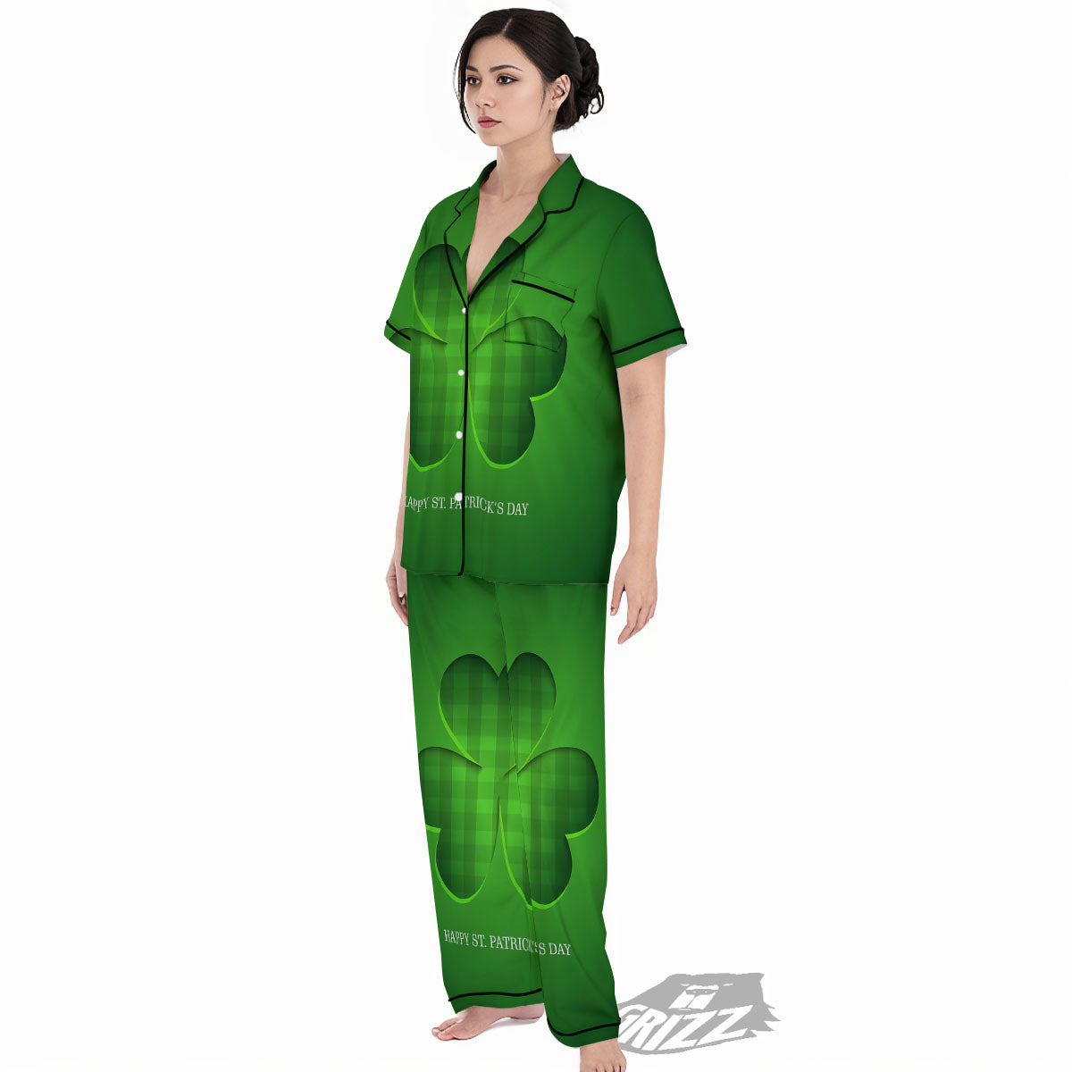 Tartan Shamrock Green Print Women's Pajamas Set-grizzshop