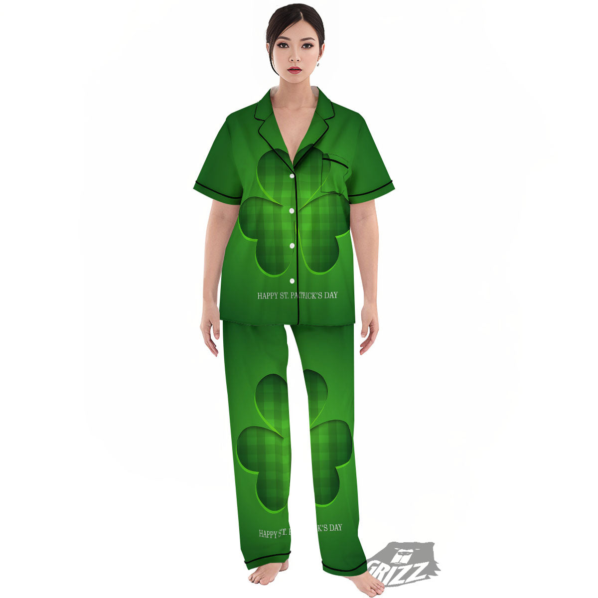 Tartan Shamrock Green Print Women's Pajamas Set-grizzshop
