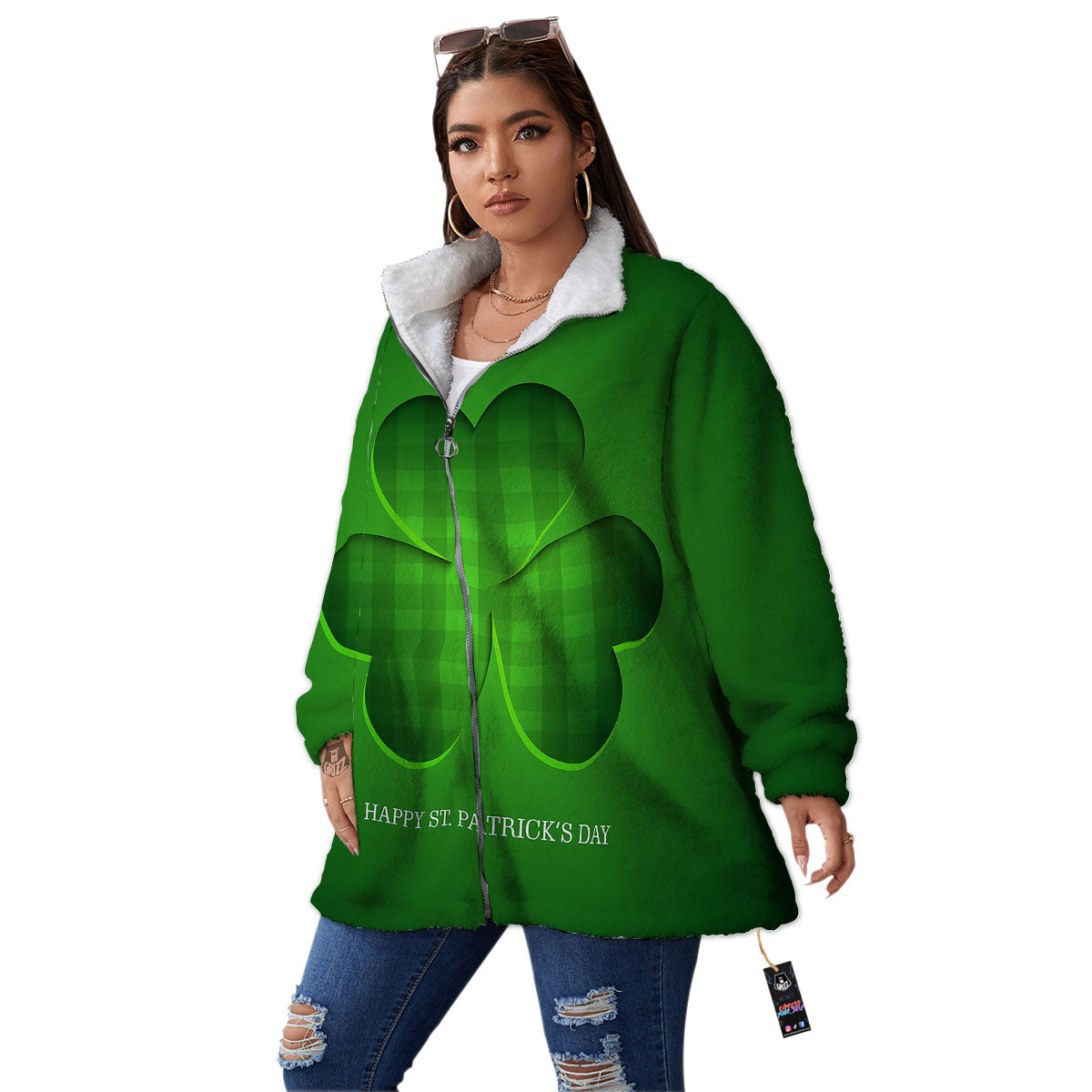 Tartan Shamrock Green Print Women's Sherpa Jacket-grizzshop