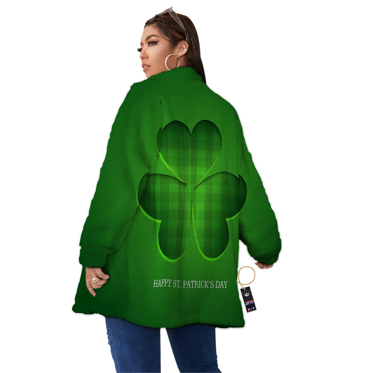 Tartan Shamrock Green Print Women's Sherpa Jacket-grizzshop