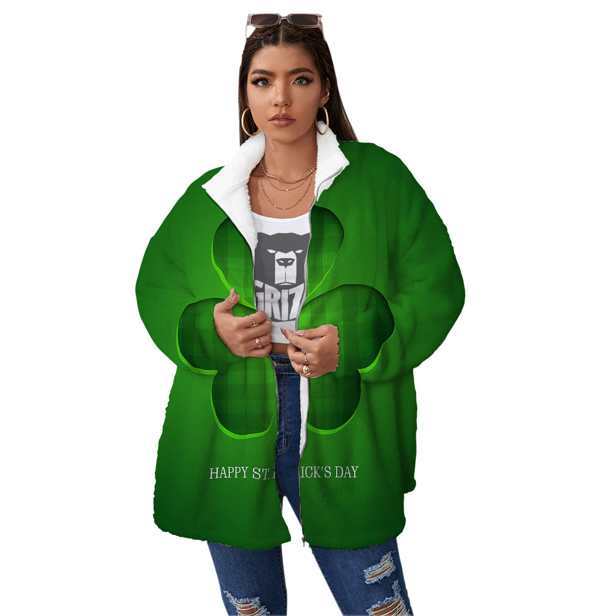 Tartan Shamrock Green Print Women's Sherpa Jacket-grizzshop