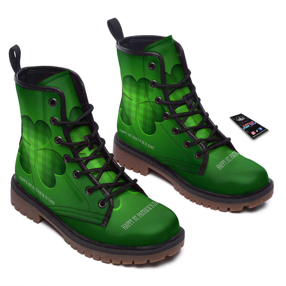 Tartan Shamrock Green Print Work Boots-grizzshop