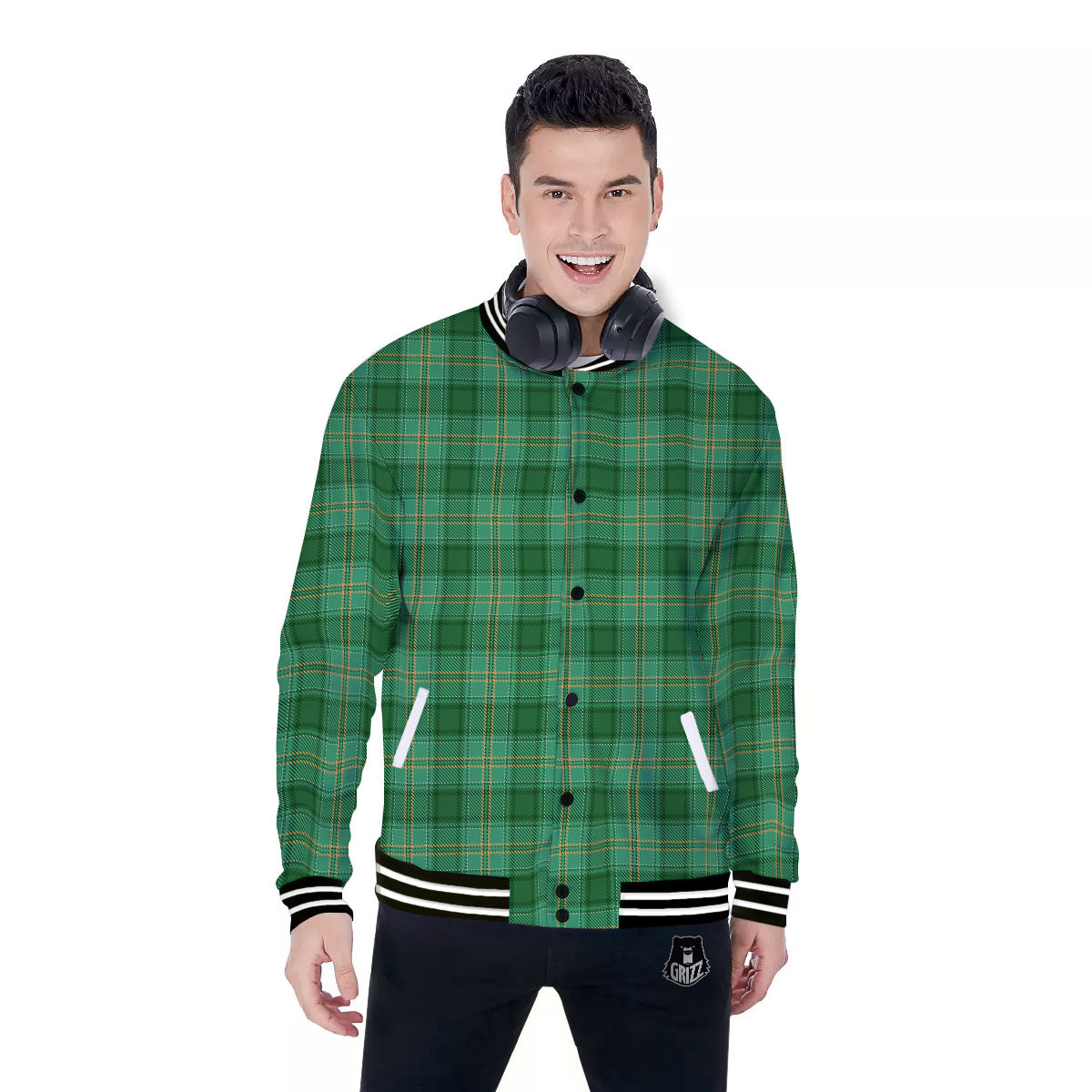 Tartan St. Patrick's Day Print Baseball Jacket-grizzshop