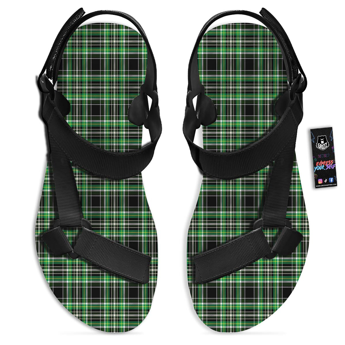 Tartan St. Patrick's Day Print Pattern Black Open Toe Sandals-grizzshop