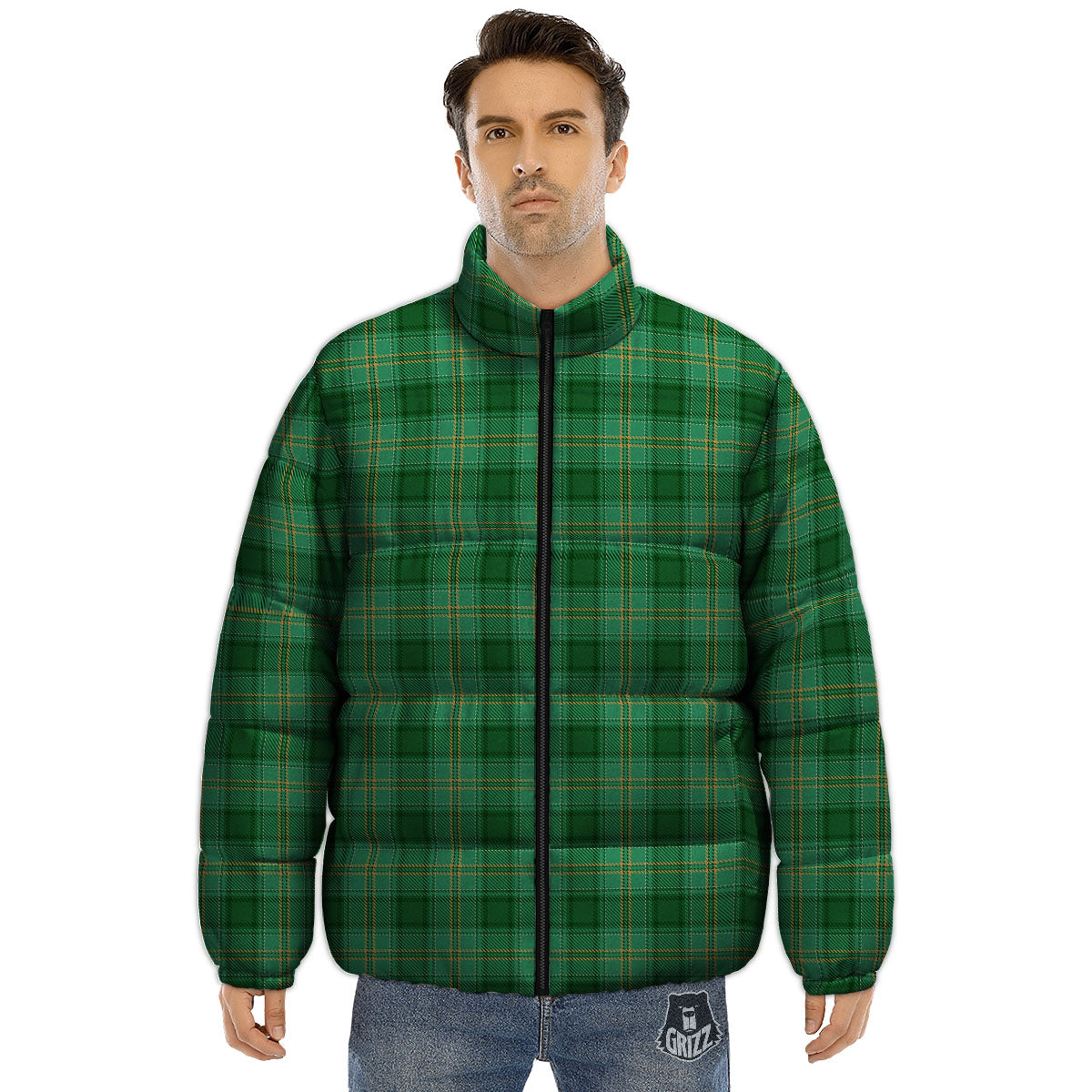 Tartan St. Patrick's Day Print Puffer Jacket-grizzshop