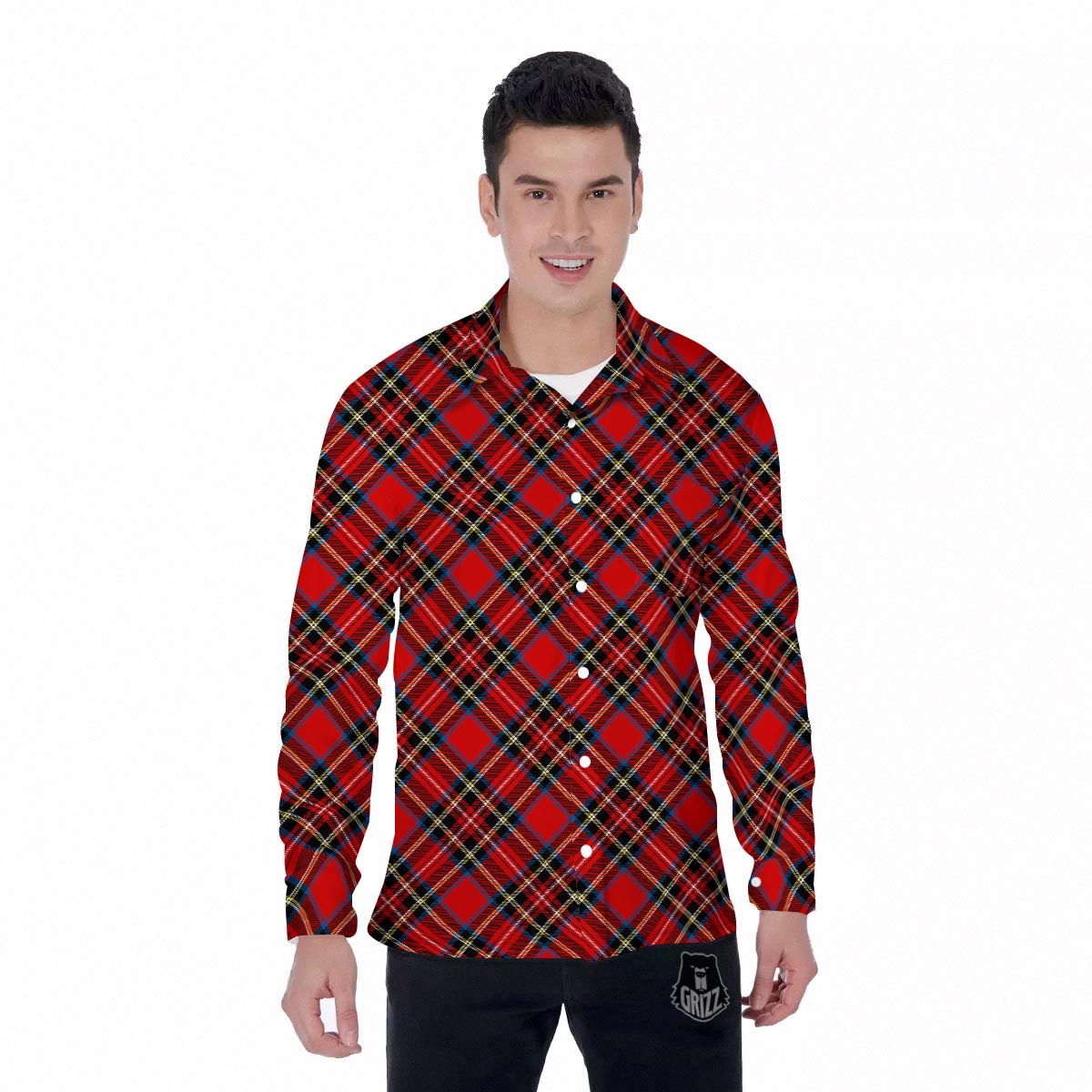 Tartan Stewart Red Print Pattern Men's Long Sleeve Shirts-grizzshop