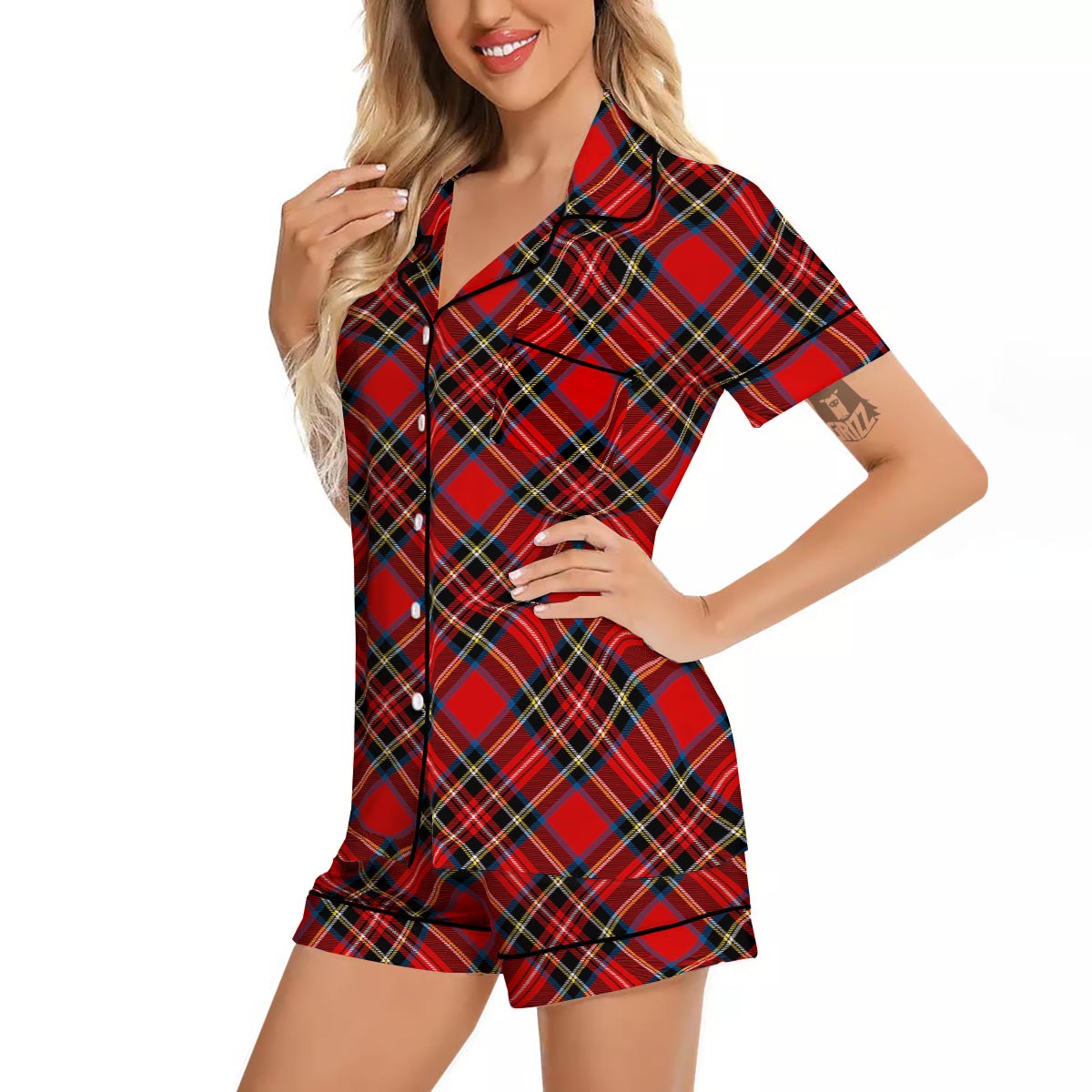 Tartan Stewart Red Print Pattern Women Silk Pajamas-grizzshop