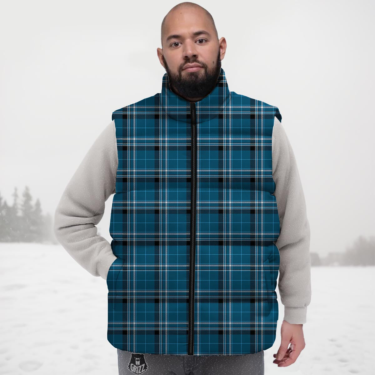 Tartan Teal Stewart Print Pattern Down Vest