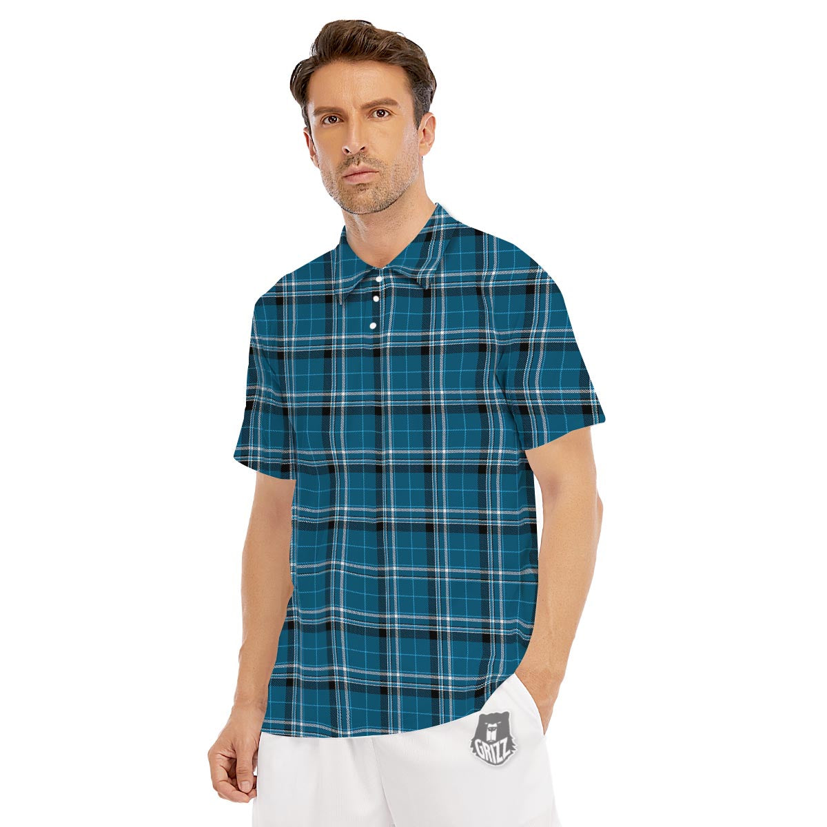 Tartan Teal Stewart Print Pattern Men's Golf Shirts-grizzshop