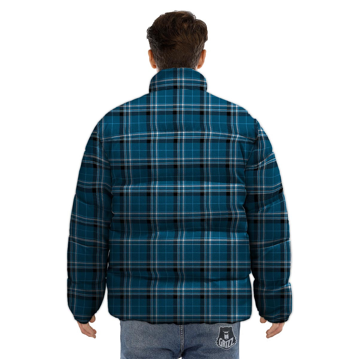 Tartan Teal Stewart Print Pattern Puffer Jacket-grizzshop