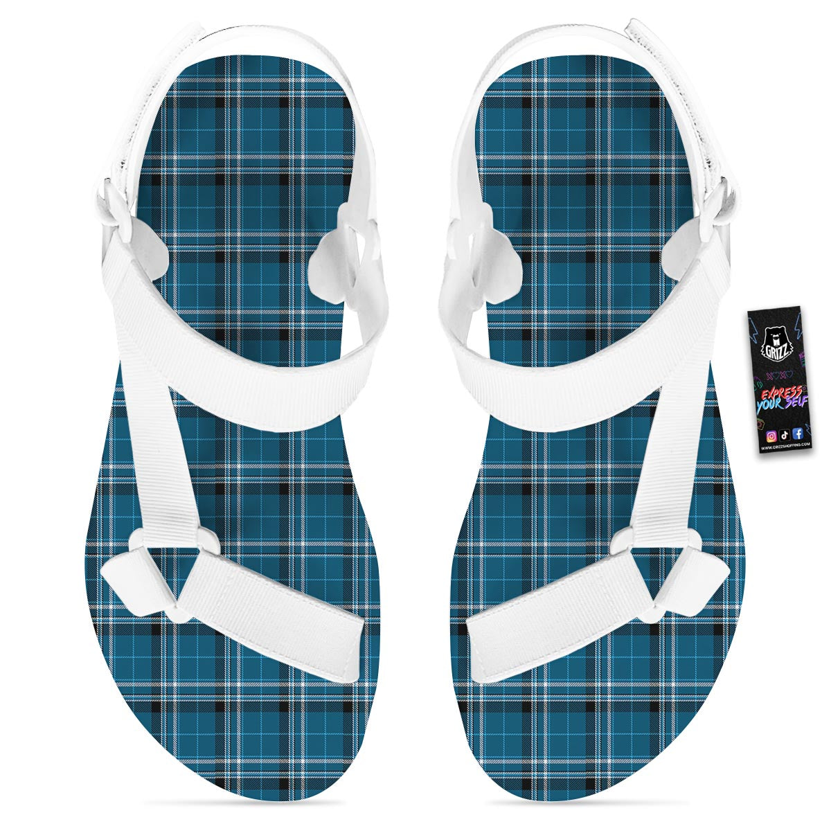 Tartan Teal Stewart Print Pattern White Open Toe Sandals-grizzshop