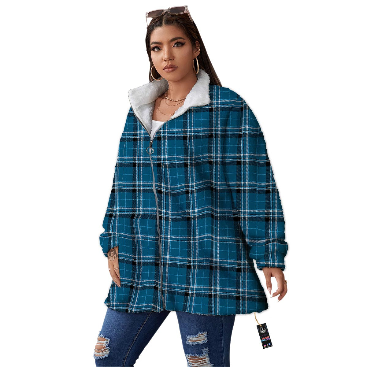 Tartan Teal Stewart Print Pattern Women's Sherpa Jacket-grizzshop