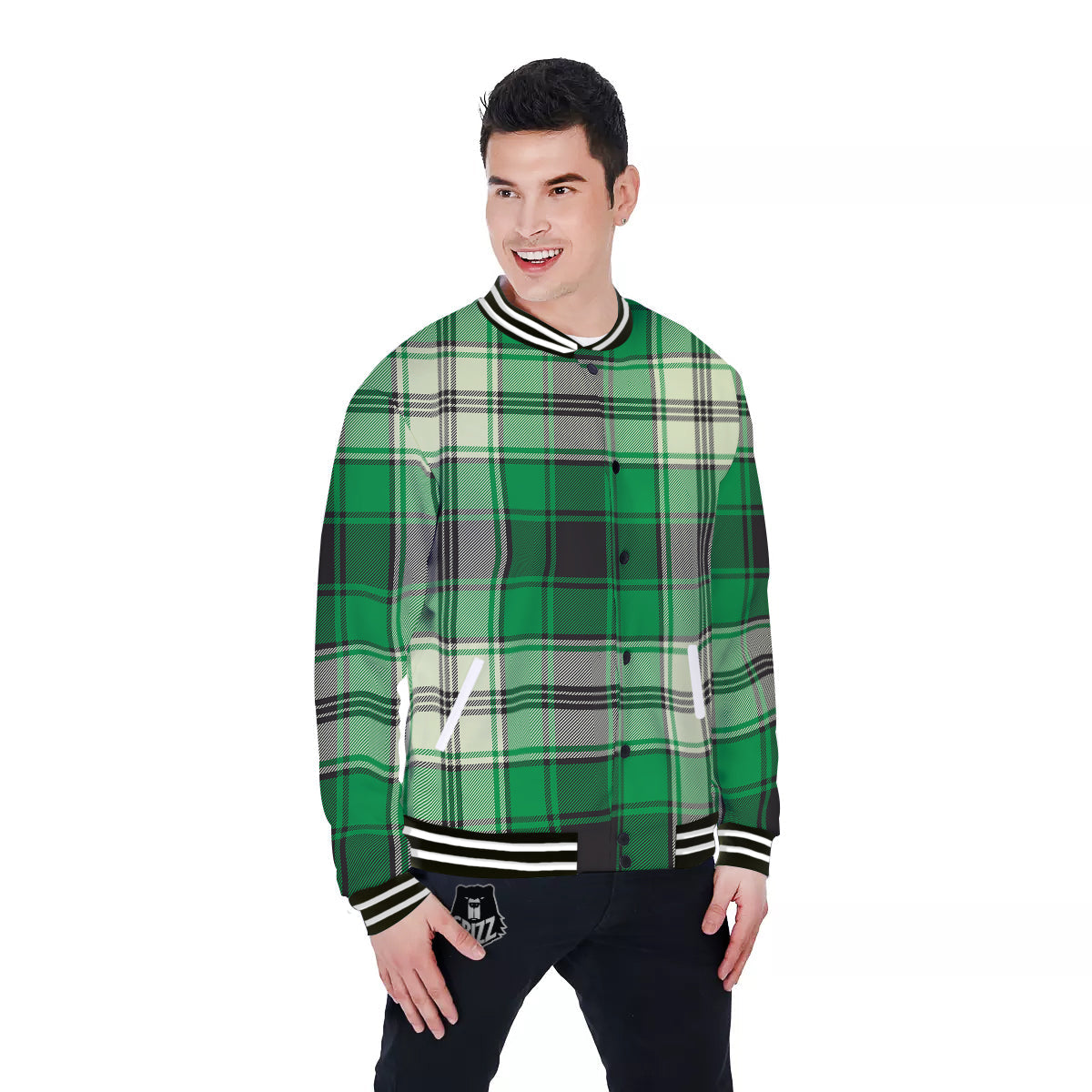 Tartan UFO Green Print Pattern Baseball Jacket-grizzshop