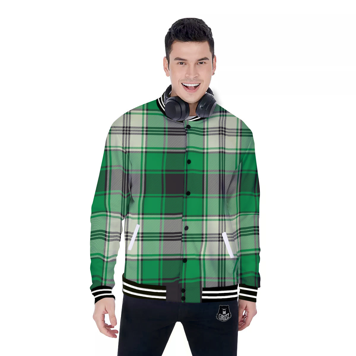 Tartan UFO Green Print Pattern Baseball Jacket-grizzshop