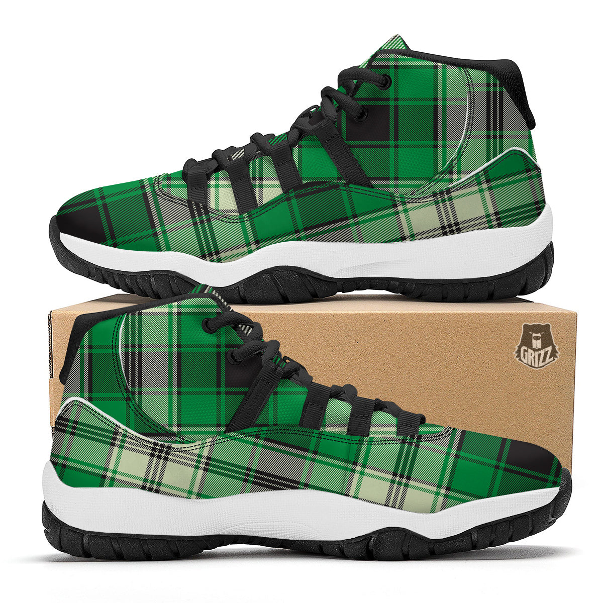 Tartan UFO Green Print Pattern Black Bball Shoes-grizzshop