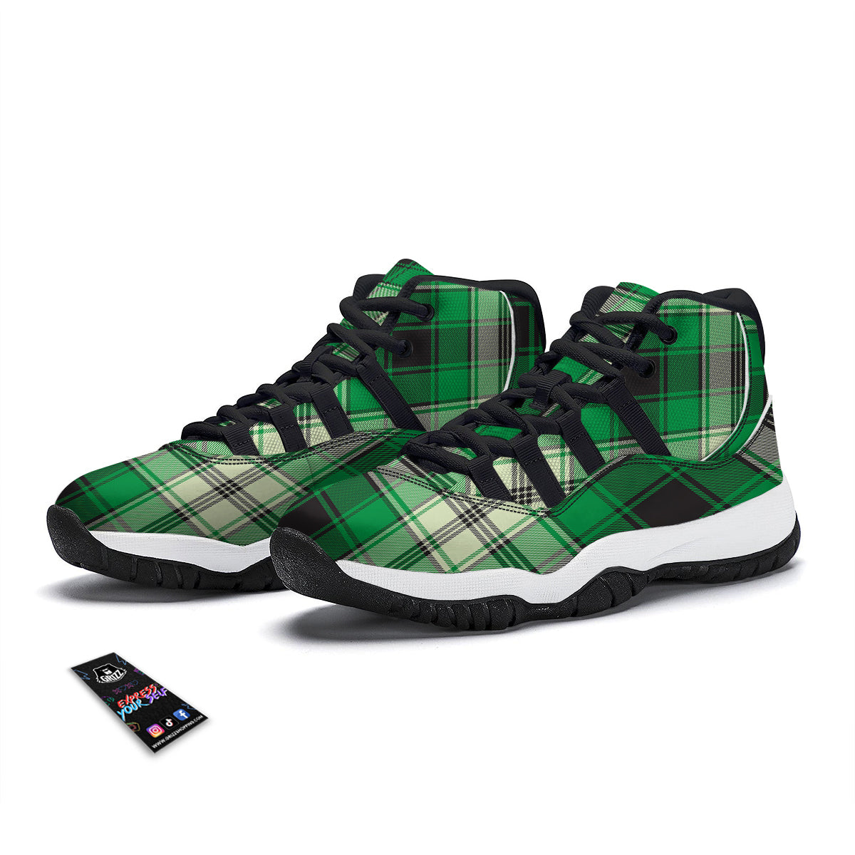 Tartan UFO Green Print Pattern Black Bball Shoes-grizzshop