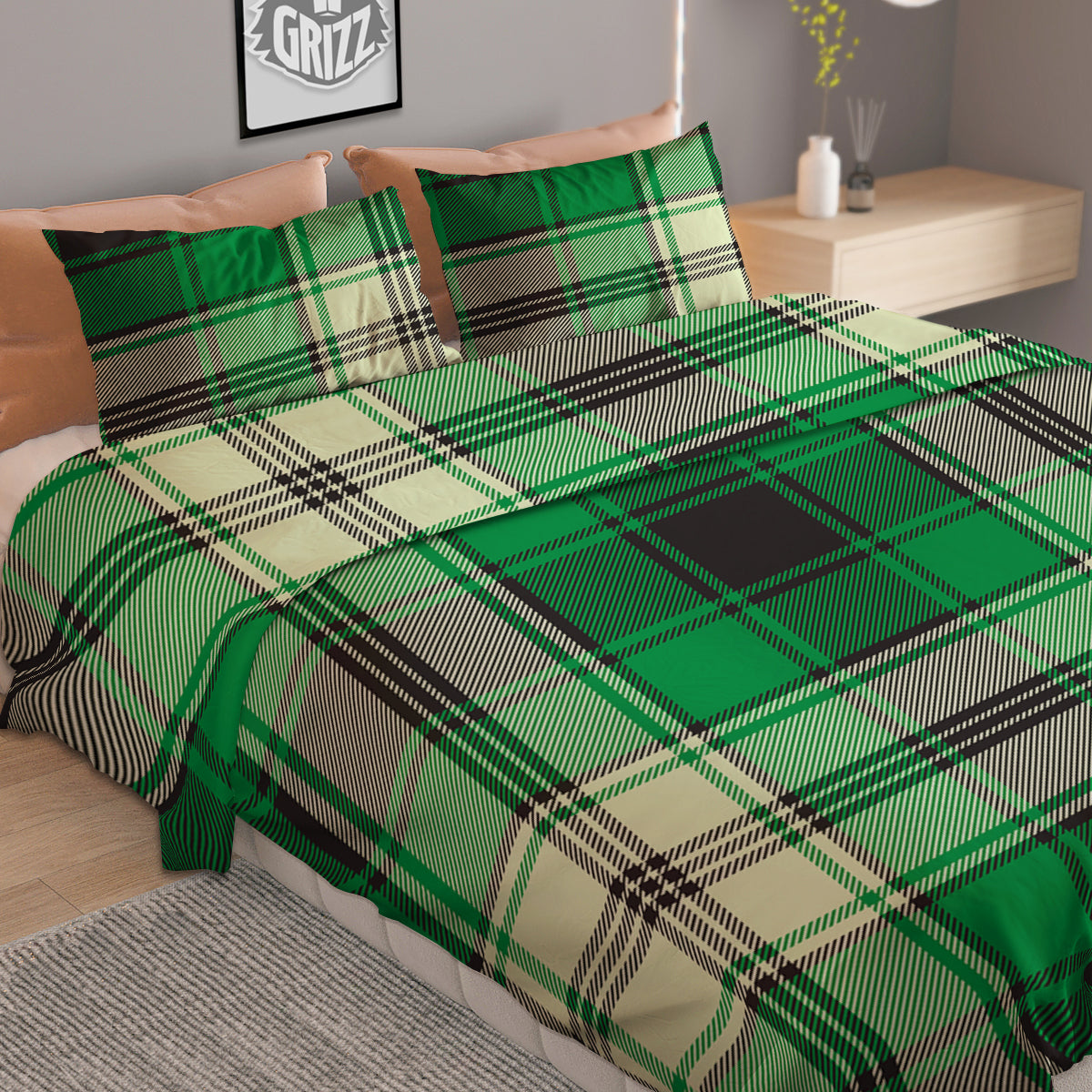 Tartan UFO Green Print Pattern Duvet Cover Bedding Set