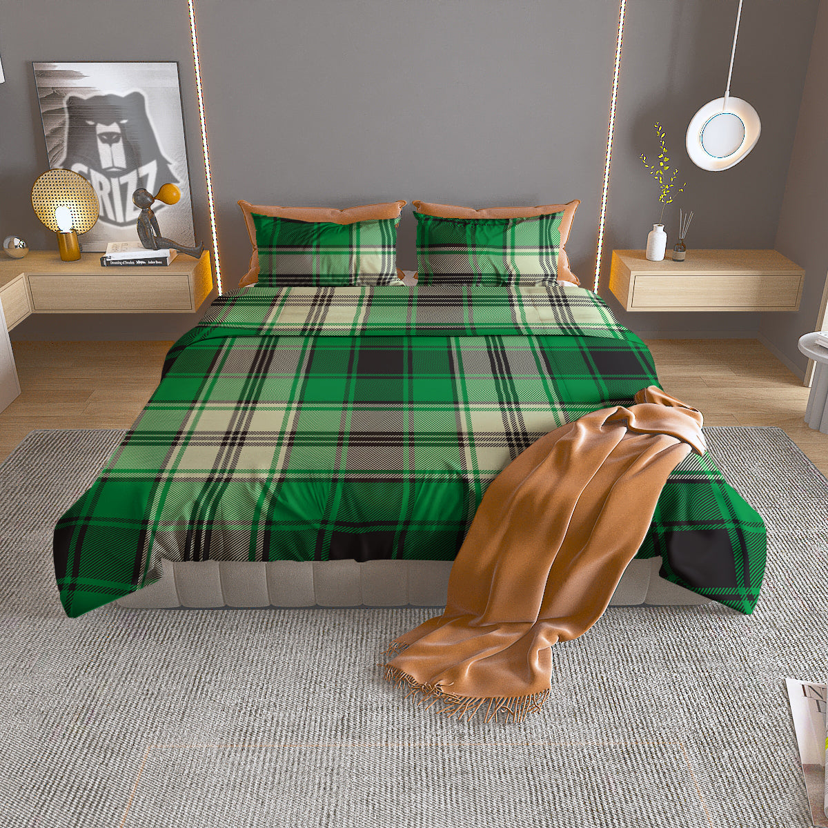Tartan UFO Green Print Pattern Duvet Cover Bedding Set