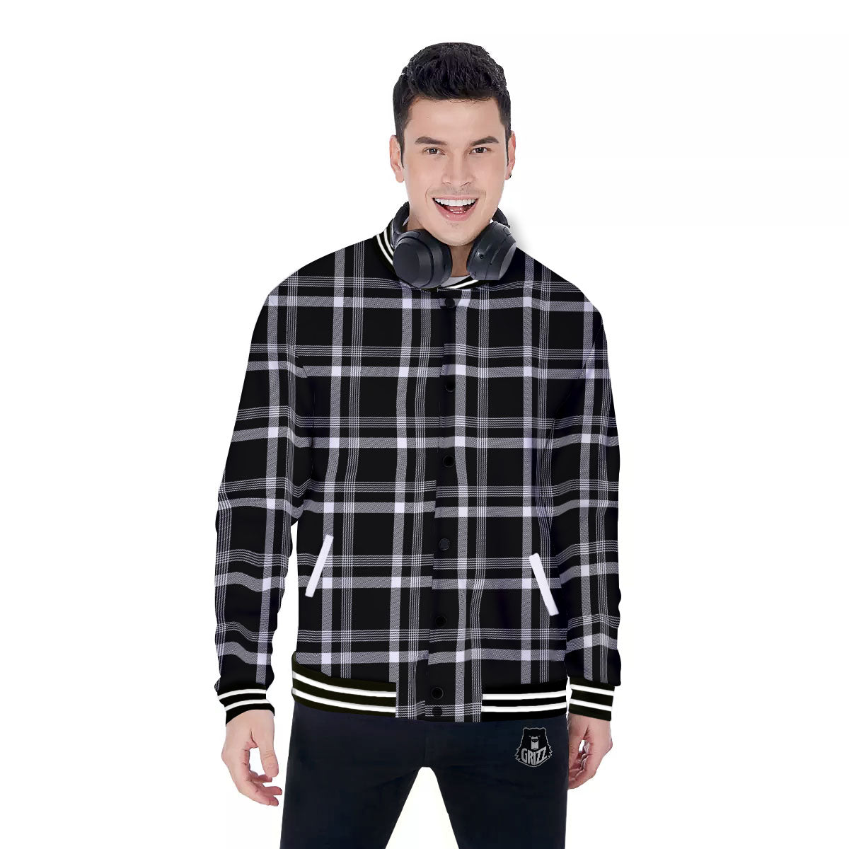 Tartan White And Black Print Pattern Baseball Jacket-grizzshop