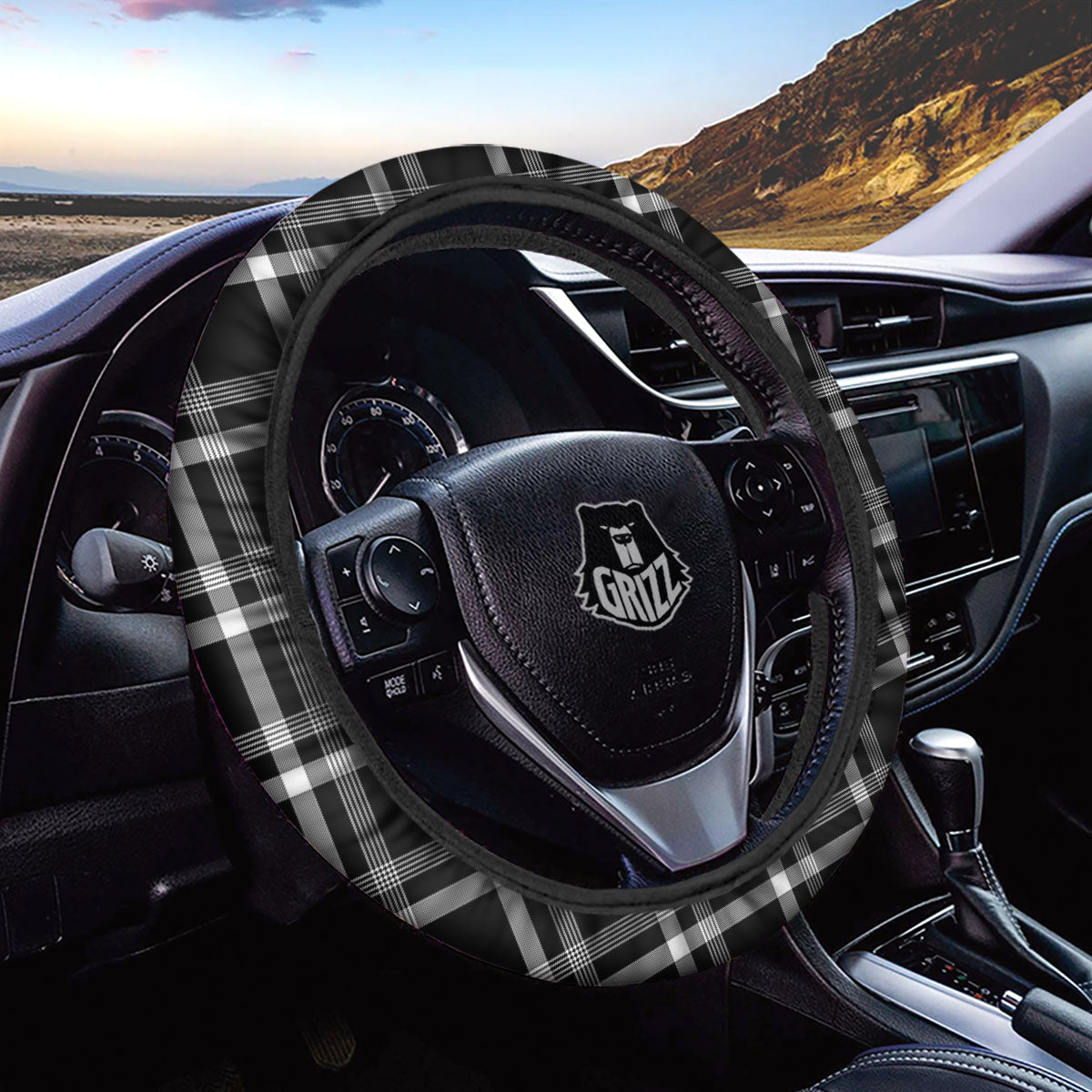 Tartan White And Black Print Pattern Car Steering Wheel Cover-grizzshop