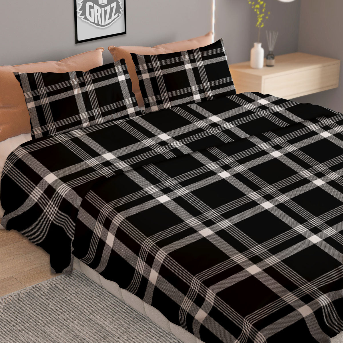 Tartan White And Black Print Pattern Duvet Cover Bedding Set