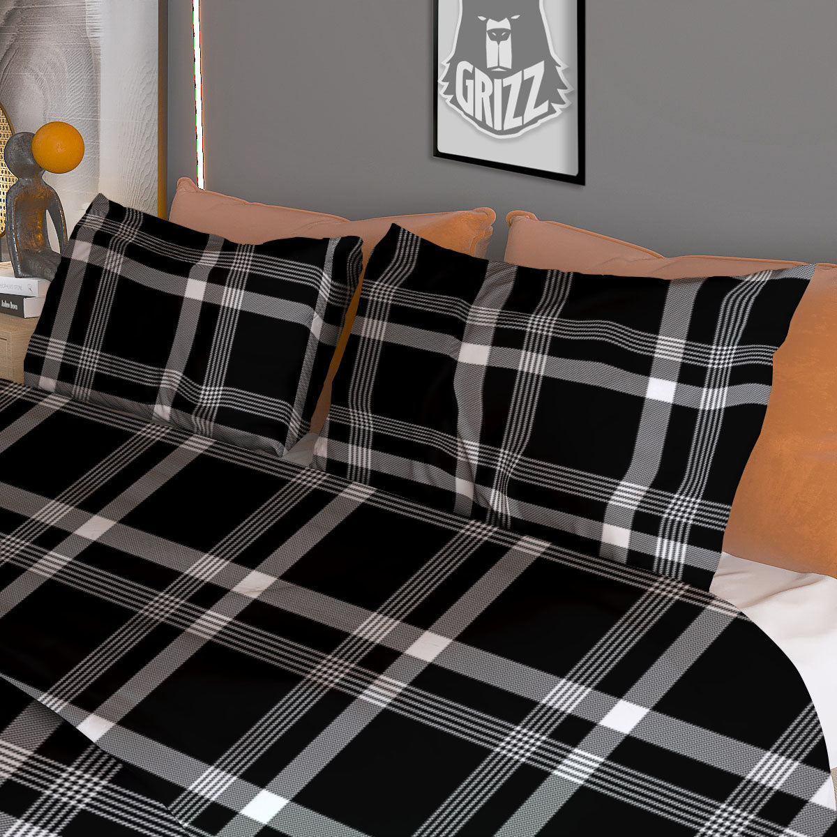 Tartan White And Black Print Pattern Duvet Cover Bedding Set
