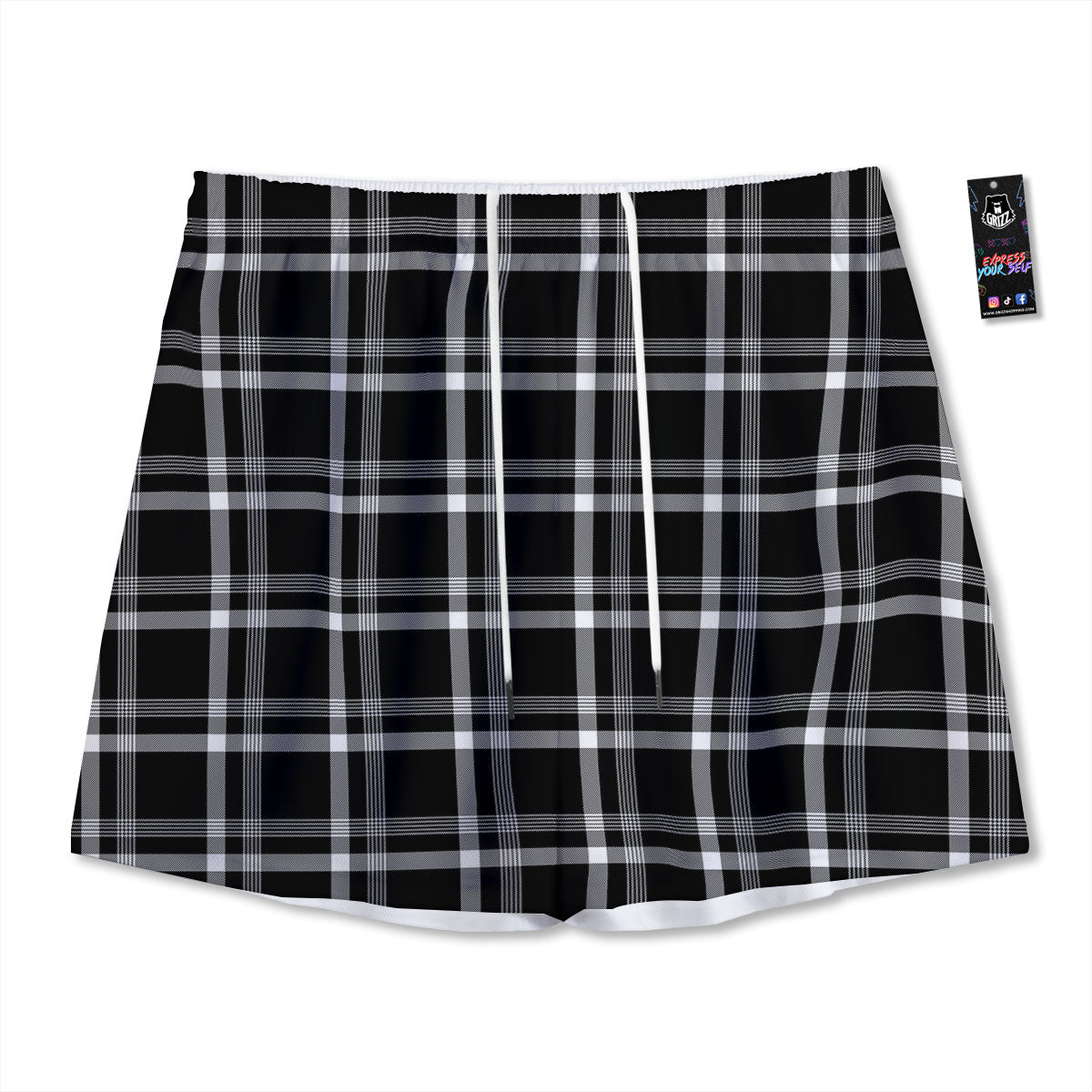 Tartan White And Black Print Pattern Mesh Shorts