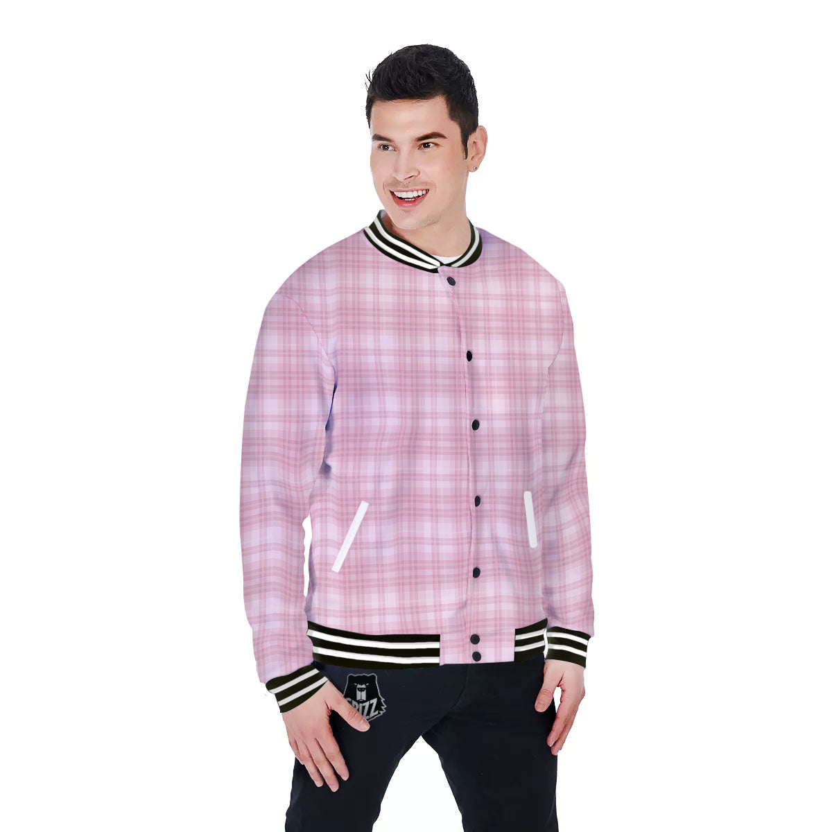 Tartan White And Pink Print Pattern Baseball Jacket-grizzshop