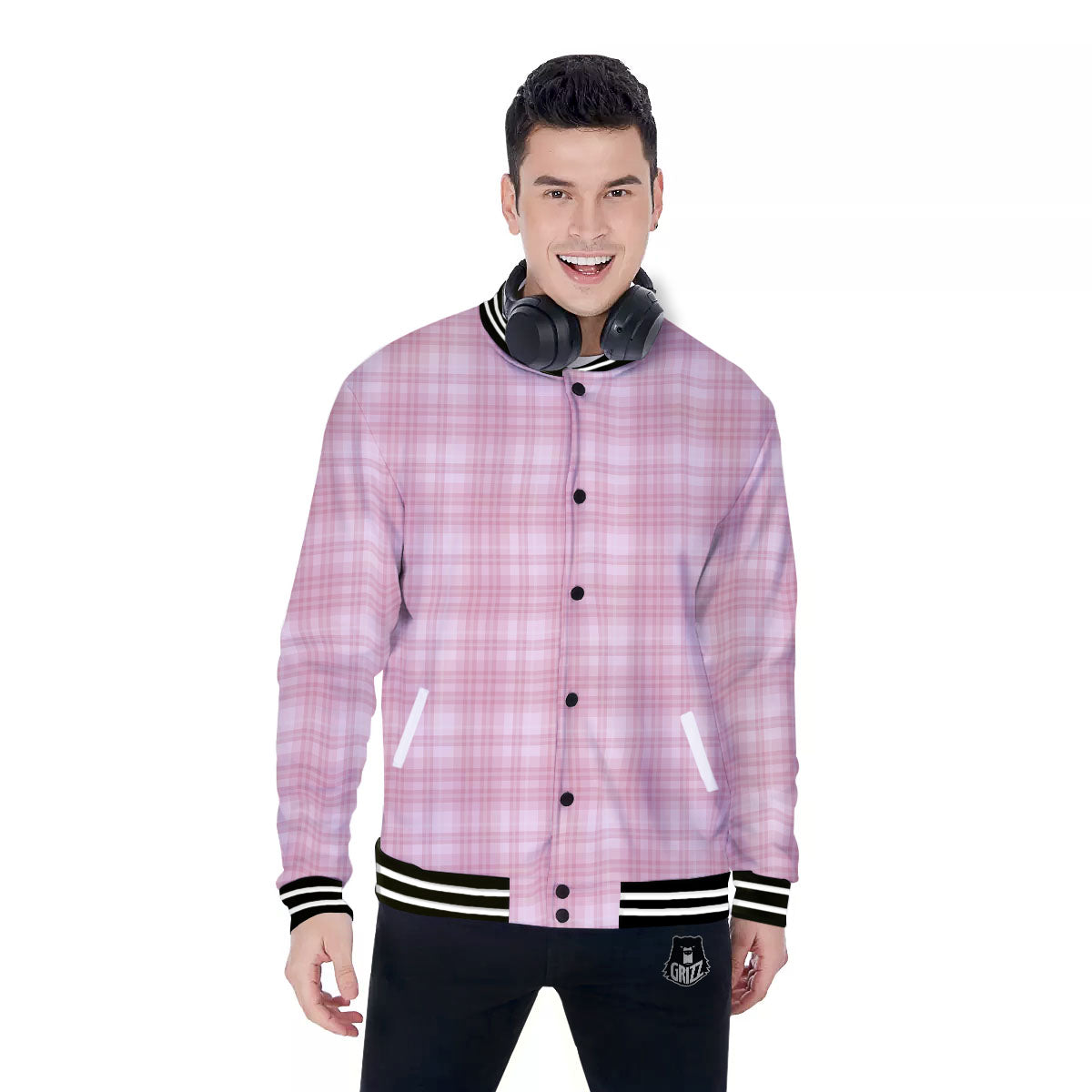 Tartan White And Pink Print Pattern Baseball Jacket-grizzshop