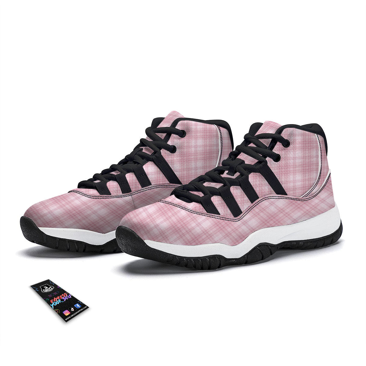 Tartan White And Pink Print Pattern Black Bball Shoes-grizzshop