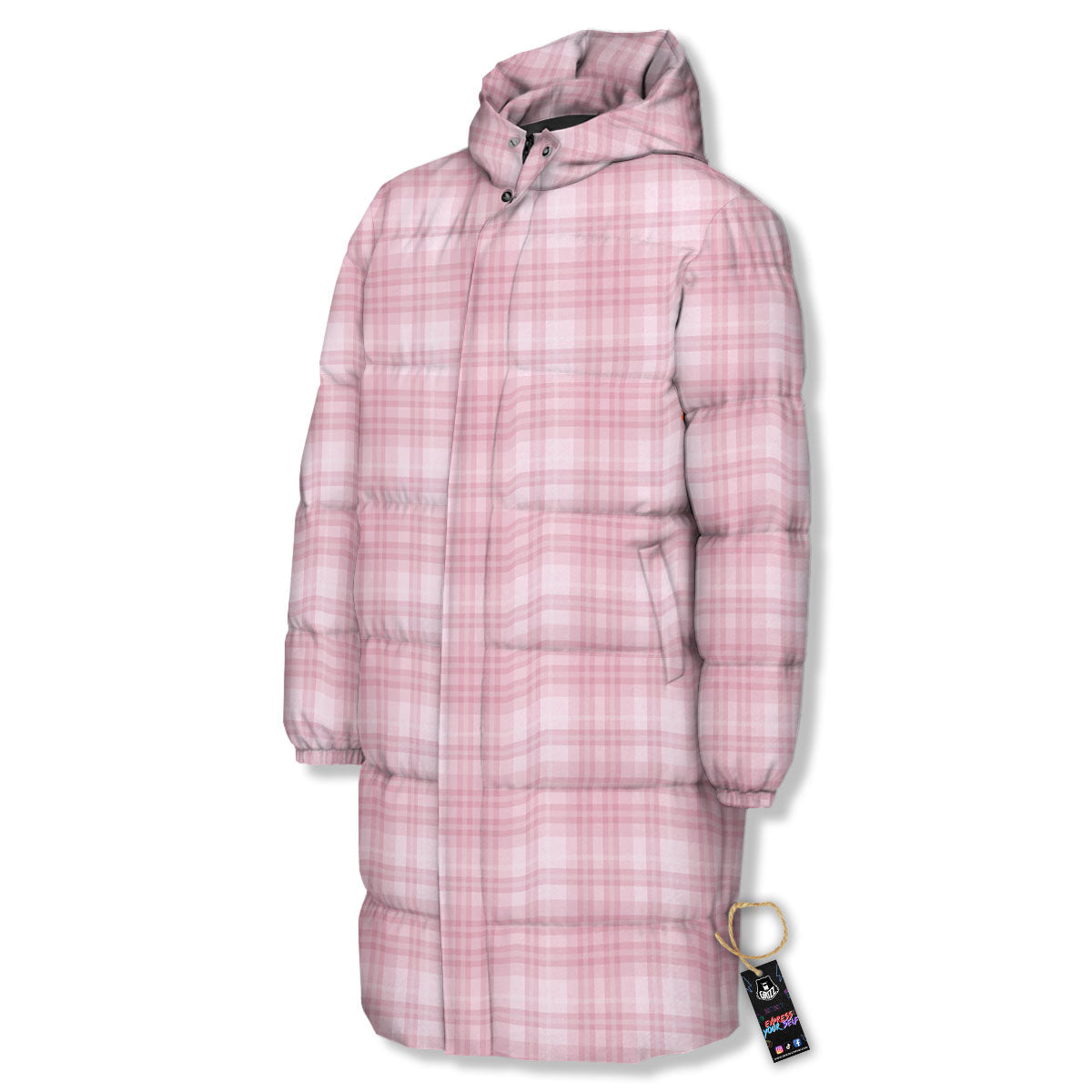 Tartan White And Pink Print Pattern Long Down Jacket-grizzshop