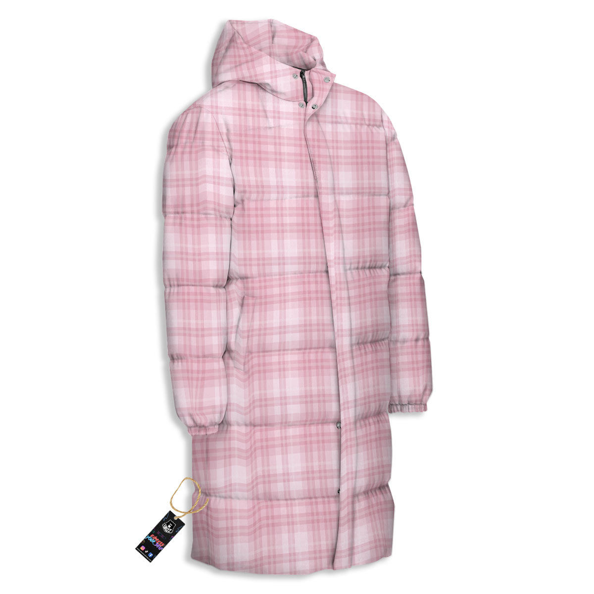 Tartan White And Pink Print Pattern Long Down Jacket-grizzshop